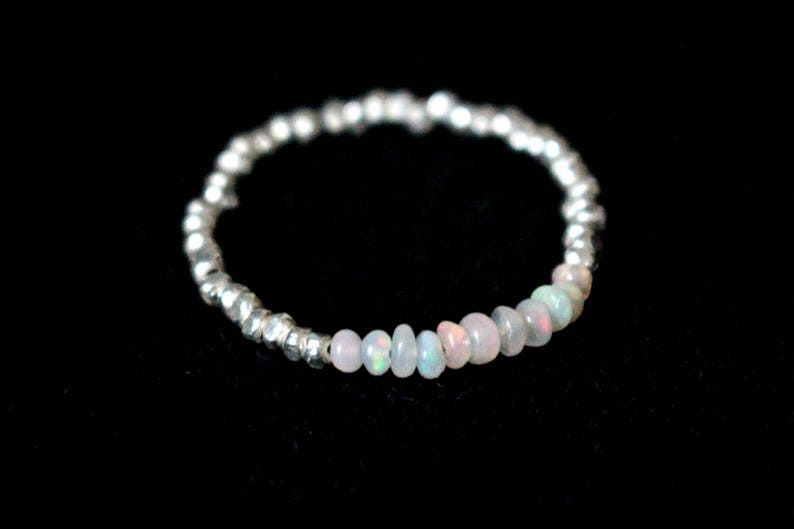 Ethiopian Opal Ring, Natural Opal Ring, Genuine Opal Ring, Beaded Silver Ring, Thin Dainty Silver Ring, Silver Rainbow Stacking Ring image 2