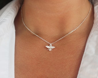 Sterling Silver Bee Necklace, Silver Honey Bee Necklace, Dainty Silver Necklace for Women, Silver Charm Necklace, Delicate Silver Necklace