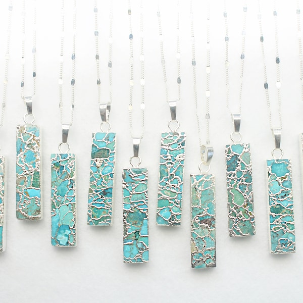 Starlit Sterling Silver Turquoise Necklace, 925 Sterling Silver Turquoise Bar Necklace, Turquoise Necklace, Silver Vertical Pendant Necklace