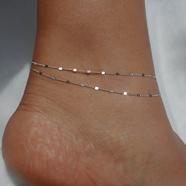 Starlit Sterling Silver Anklet, Double Chain Layered Anklet, Sterling Silver Bar Anklet, Glittering Twinkling Magical Dainty Silver Anklet