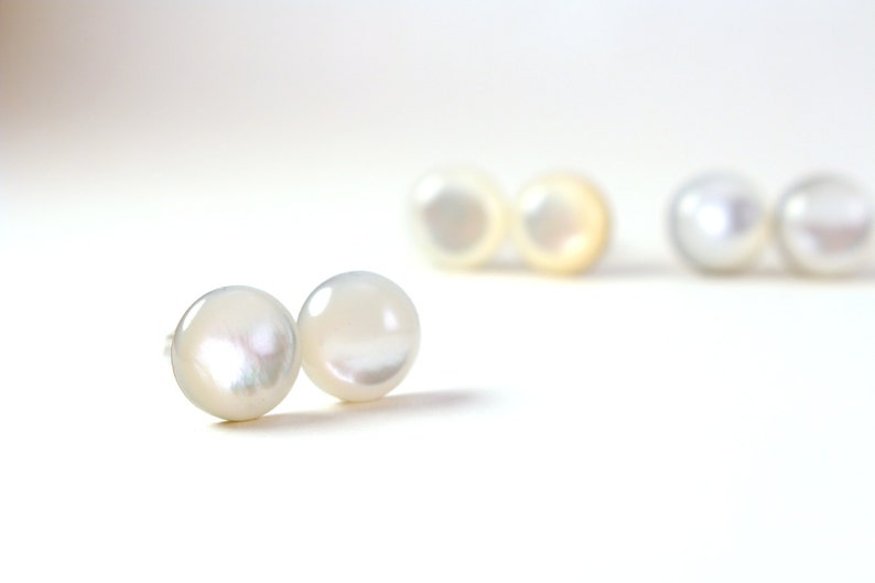 Mother of Pearl Earrings, White Pearl Post Earrings, Large Pearl Stud Earrings, Natural Mother of Pearl Jewelry, Stainless Steel Studs image 1