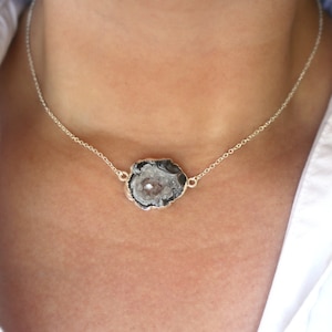Sterling Silver Geode Necklace, Raw Druzy Necklace, Sterling Silver Necklace, Silver Geode Slice Necklace, Natural Banded Druzy Agate Geode