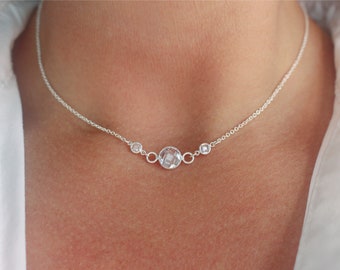 Triple Sterling Silver Crystal Necklace, Sterling Silver Crystal Necklace, Silver Gemstone Necklace, Dainty Silver Choker Necklace for Women