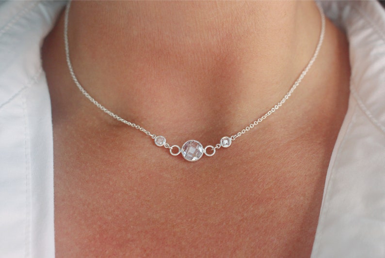 Triple Sterling Silver Crystal Necklace, Sterling Silver Crystal Necklace, Silver Gemstone Necklace, Dainty Silver Choker Necklace for Women image 1