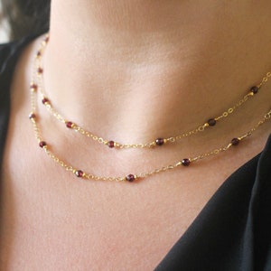 12 chain with 2 adjustable extender Garnet beaded chain choker necklace in 14k gold fill January birthstone 