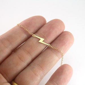 Gold Lightning Bolt Necklace, Gold Choker Necklace, 14k Gold Filled Necklace, Dainty Gold Sideways Necklace, Lightning Bolt Charm Necklace image 4