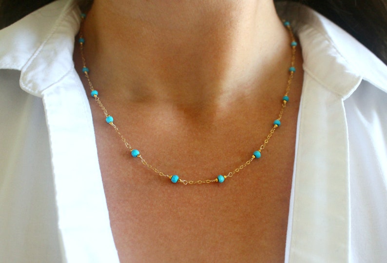 Turquoise Gold Station Necklace Gold Turquoise Necklace Gold Etsy