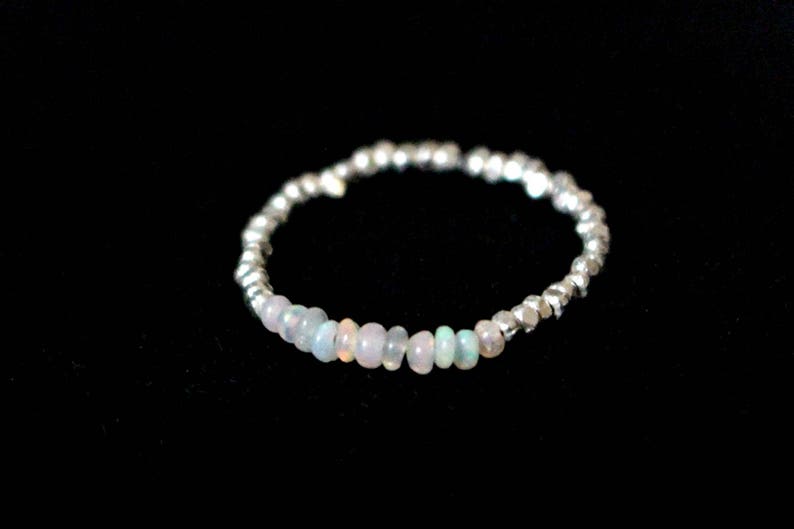 Ethiopian Opal Ring, Natural Opal Ring, Genuine Opal Ring, Beaded Silver Ring, Thin Dainty Silver Ring, Silver Rainbow Stacking Ring image 6