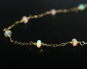 Fiery Gold Opal Necklace, Natural Ethiopian Opal Necklace, WELO Opal Gemstone Chain Necklace, Dainty Opal Gold Gemstone Station Necklace