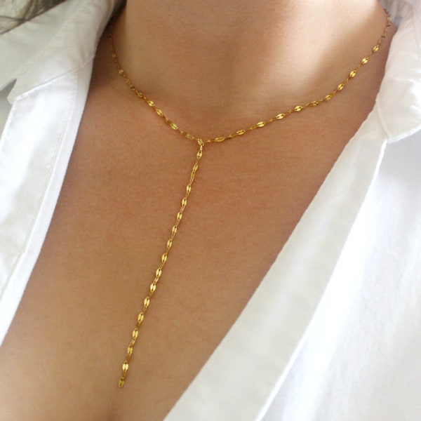 Shimmering Gold Stainless Steel Lariat Necklace, Gold Y Necklace, Gold Drop Necklace, Gold Lace Chain Necklace, Gold Necklace For Women