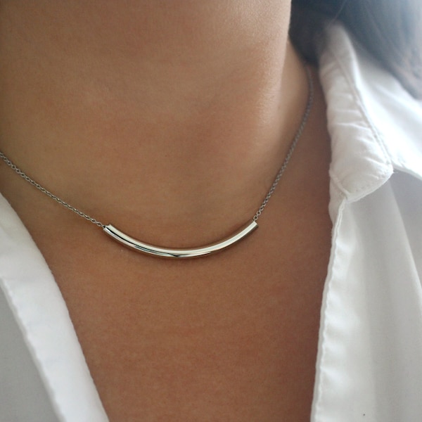 Stainless Steel Necklace, Slender Steel Tube Necklace, Modern Minimalist Necklace, Curved Tube Necklace, Simple Hypoallergenic Jewelry