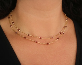 Gold Garnet Necklace, Beaded Garnet Necklace, Gold Station Necklace, Gold Garnet Jewelry, Red Garnet Necklace, Gemstone Chain Necklace