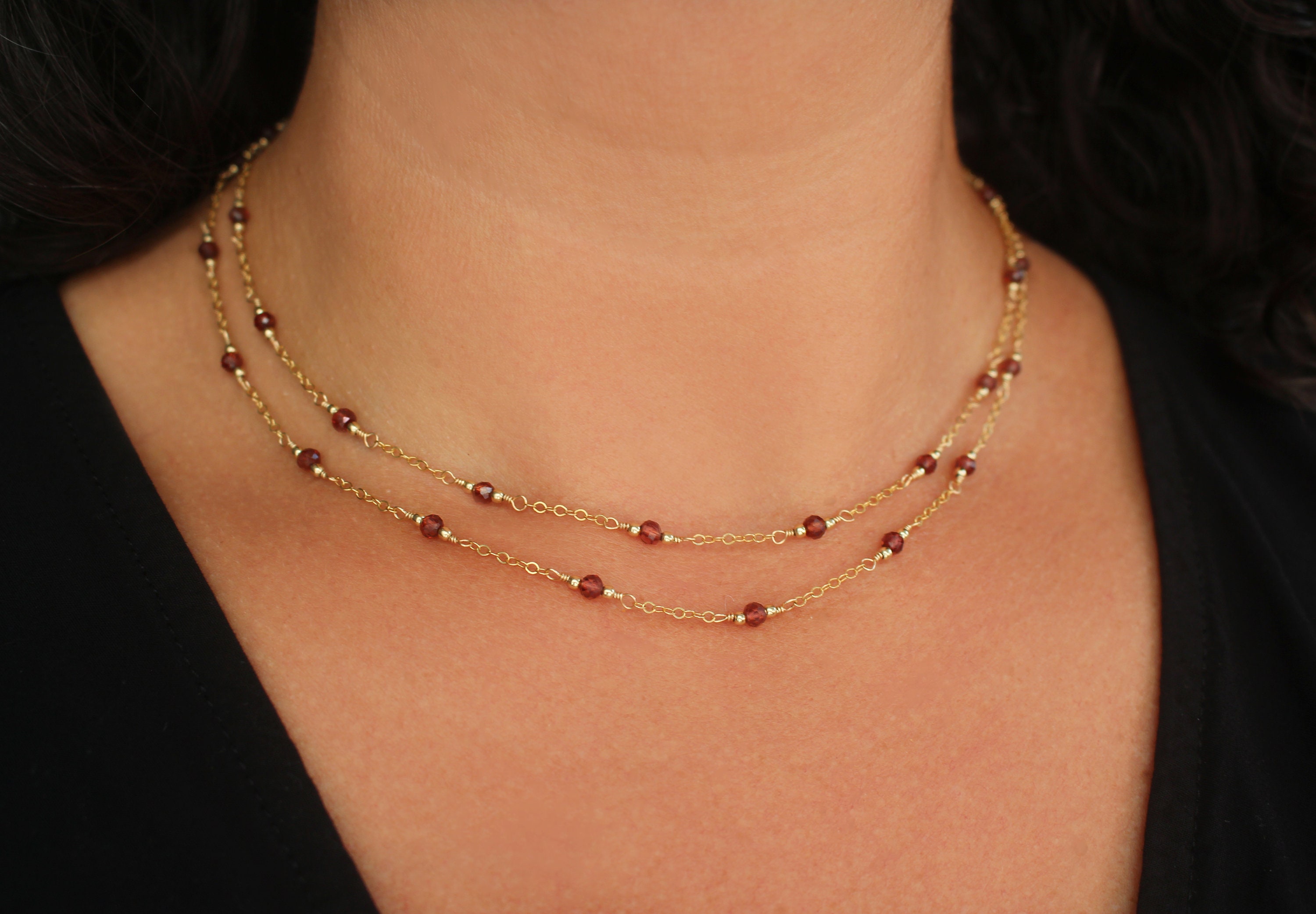 Gold Garnet Necklace, Beaded Garnet Necklace, Gold Station