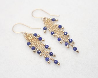 Long Gold Lapis Lazuli Earrings, Gold Lapis Earrings, Gold Fringe Earrings, Blue Beaded Gemstone Earrings, 14k Gold Filled Lapis Jewelry