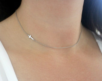 Stainless Steel Sideways Cross Necklace, Stainless Steel Cross Necklace, Dainty Sideways Cross Necklace, Silver Cross Choker Necklace