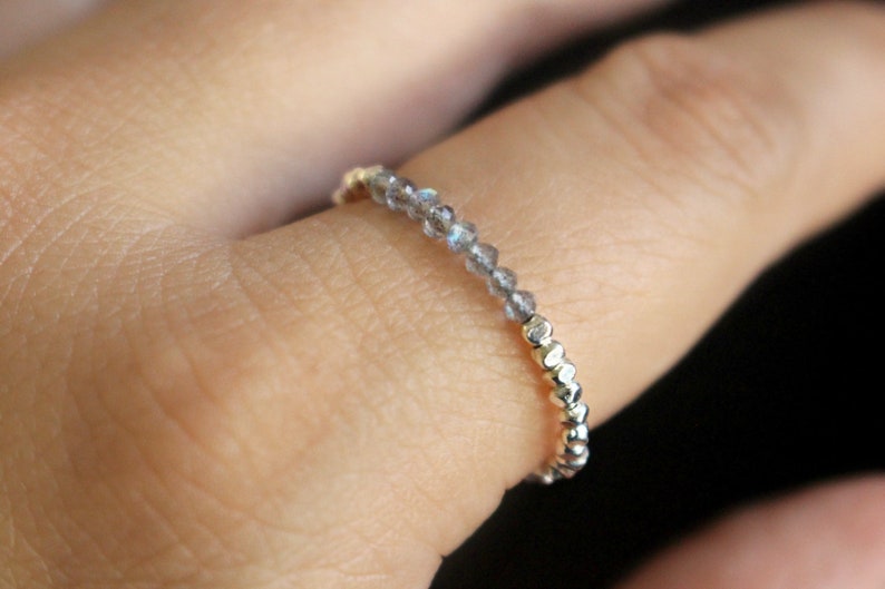 Skinny Beaded Labradorite Ring, Silver Labradorite Ring, Beaded Silver Ring, Dainty Thin Silver Ring, Silver Gemstone Stacking Ring image 3