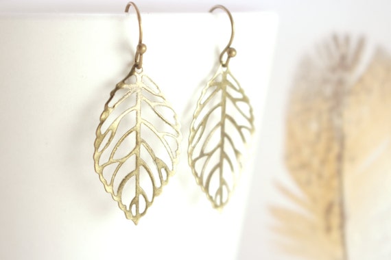 Dainty Brass Leaf Earrings Boho Brass Earrings Large Leaf