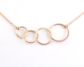 Rose Gold Four Circles Necklace, Rose Gold Infinity Necklace, Rose Gold Family Necklace for Mother, Linked Circle Necklace, Family Necklace