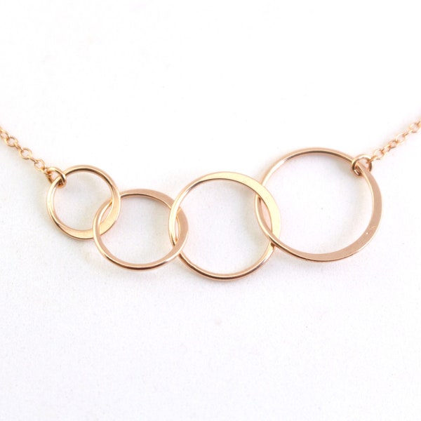 Rose Gold Four Circles Necklace, Rose Gold Infinity Necklace, Rose Gold Family Necklace for Mother, Linked Circle Necklace, Family Necklace