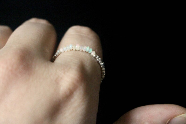 Ethiopian Opal Ring, Natural Opal Ring, Genuine Opal Ring, Beaded Silver Ring, Thin Dainty Silver Ring, Silver Rainbow Stacking Ring image 5