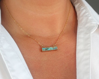 Gold Turquoise Necklace, Gold Turquoise Bar Necklace, Turquoise Necklace, Gold Sideways Necklace, Dainty Gold Necklace, Short Gold Necklace