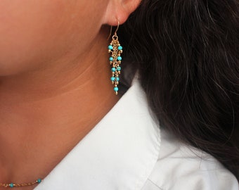 Sleeping Beauty Turquoise Earrings, Gold Turquoise Earrings, Fringe Earrings, Beaded Turquoise Earrings, 14k Gold Filled Turquoise Jewelry