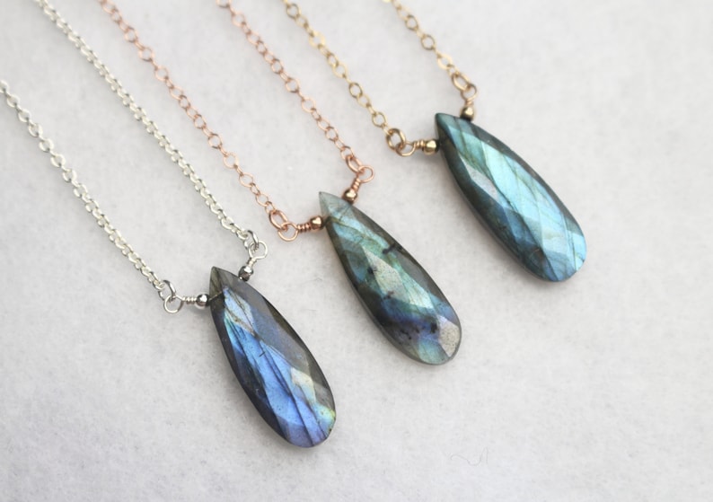 Labradorite Necklace, Large Labradorite Pendant, Gold Filled Sterling Silver Rose Gold Filled, Faceted Elongated Pear Cut Gemstone Necklace image 1