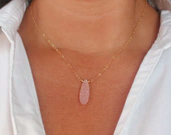 Druzy Rose Quartz Necklace, Druzy Necklace, Gold Filled Sterling Silver Rose Gold Filled, Elongated Pear Cut Druzy Pink Gemstone Necklace