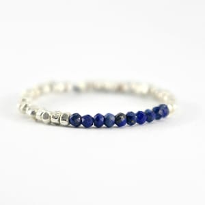 Beaded Lapis Lazuli Ring, Silver Lapis Ring, Sterling Silver Lapis Lazuli Ring, Silver Stacking Ring, Genuine Natural Blue Lapis Band Ring