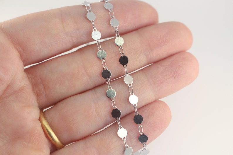 Puede incluir: Un collar de cadena de plata con discos redondos plateados y negros alternados.