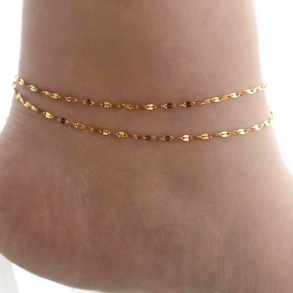 Double Strand Shimmering Gold Stainless Steel Anklet, Dainty Gold Chain Anklet for Women, Gold Sequin Chain Anklet, Layered Gold Anklet