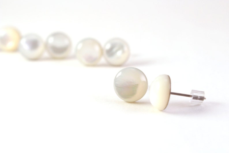 Mother of Pearl Earrings, White Pearl Post Earrings, Large Pearl Stud Earrings, Natural Mother of Pearl Jewelry, Stainless Steel Studs image 2