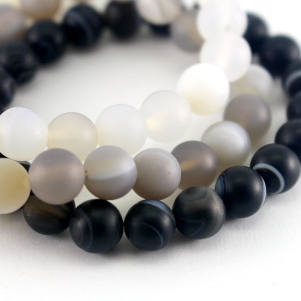 GROUNDED Mala Bracelets, Meditation Gift for Him or Her, White Grey Black Beaded Agate Bracelet, Neutral Natural Ombre Beaded Bracelet Set