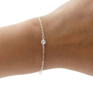 Sterling Silver Solitaire Bracelet, Dainty Silver Bracelet, Tiny Crystal Sterling Silver Bracelet, Delicate Sterling Silver Charm Bracelet