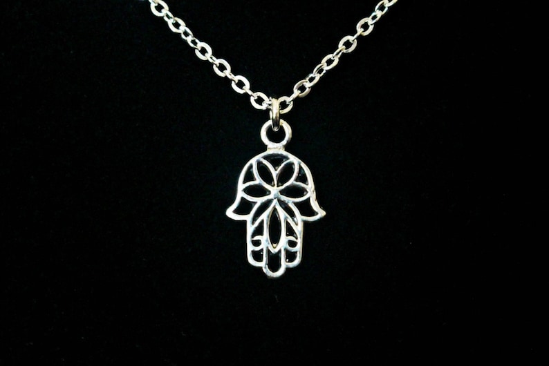 Sterling Silver Hamsa Necklace, Feminine Dainty Silver Necklace, Flower Hamsa Necklace, Sterling Silver Necklace, Silver Hamsa Hand Necklace image 1