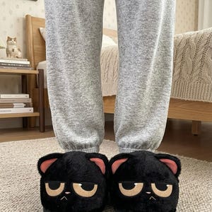 Grumpy Black Cat Plush Slippers - Cute Moody Kitty House Shoes - Funny Animal Indoor Footwear for Cat Lovers - Cozy Winter Gift for Her