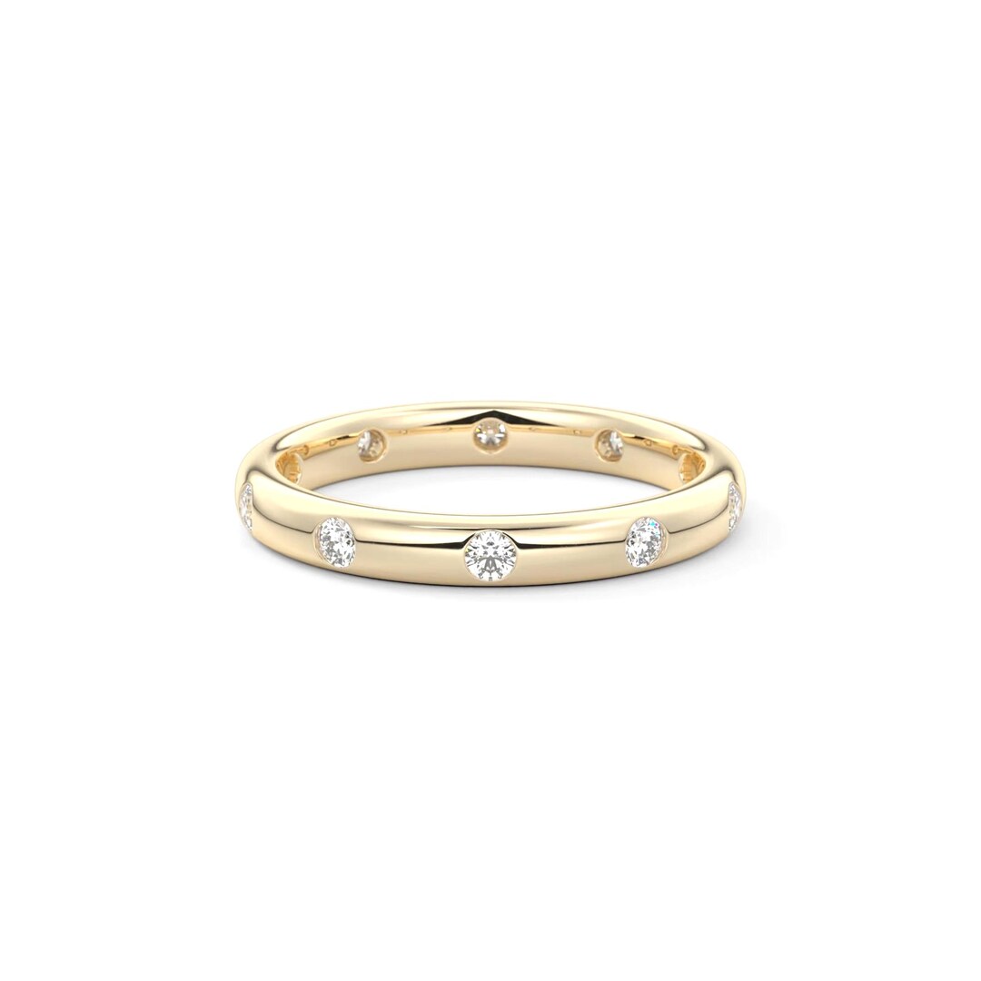 Round Moissanite Wedding Band, Flush Set Eternity Band, 14K Yellow Gold ...