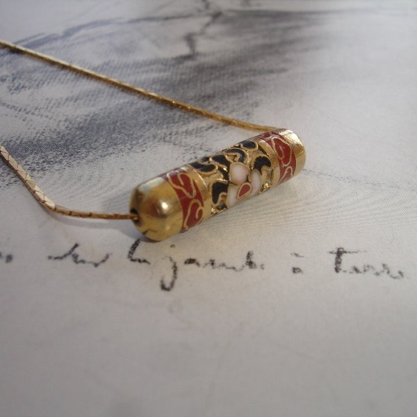 Vintage Tubular Cloisonne Gold Necklace, Vintage Gold Plated Chain, Dainty, Minimalist, Cloisonne Collection
