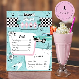 Puede incluir: Un menú de restaurante de estilo retro con un esquema de color turquesa y rosa. El menú presenta opciones de comida y bebida, incluyendo hamburguesas con queso, perritos calientes y batidos de fresa. También se incluye un gráfico de coche vintage.