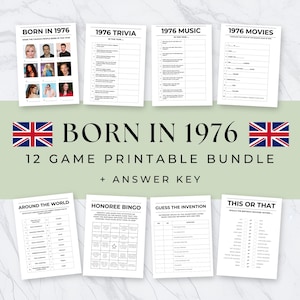 May include: A collection of printable games with the text "BORN IN 1976". The bundle includes trivia, music, and movie-themed games, along with a bingo game and a "This or That" game. The games are printed on white paper.