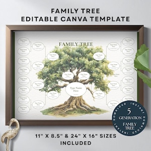 Könnte beinhalten: Ein gerahmtes Familienstammbaum-Template mit einer Aquarellillustration eines großen Baumes. Der Text "Family Tree Editable Canva Template" steht oben. Die enthaltenen Größen sind 28 cm x 21,6 cm und 61 cm x 40,6 cm.