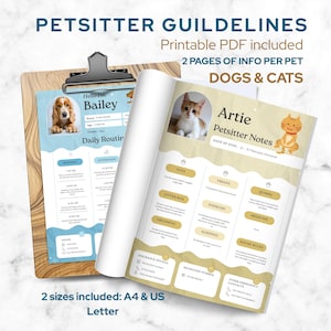 Puede incluir: Un portapapeles con un formulario de cuidado de mascotas y una hoja de papel enrollada. El formulario incluye secciones para rutinas diarias, detalles de mascotas y contactos de emergencia. El texto "PETSITTER GUIDELINES" y "DOGS & CATS" son visibles.