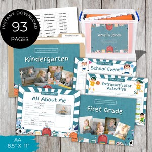 May include: A collection of school-themed printables, including a report card box, grade-specific pages, and a folder labeled "Kindergarten." The set features a blue and white color scheme, with the text "93 PAGES" and "A4 8.5" x 11"" visible.