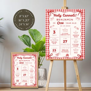 May include: A red and white checkered sign on an easel, with the text "Holy Cannoli!" and details about a one-year-old's favorite things, including "3 teeth" and "27 inches tall." A smaller framed version is also visible.