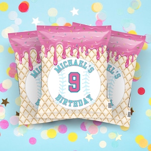 May include: Three party favor bags with a pink ice cream cone design. The bags have a waffle cone pattern and pink dripping frosting with sprinkles. The bags have the text "MICHAEL'S 9 BIRTHDAY" in a baseball theme.