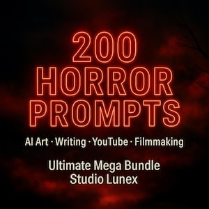 May include: A digital graphic with the text "200 HORROR PROMPTS" in a neon-style font. Below, it lists "AI Art • Writing • YouTube • Filmmaking." The bottom text reads "Ultimate Mega Bundle Studio Lunex" against a dark red background.