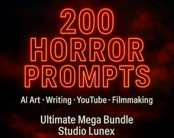 May include: A digital graphic with the text "200 HORROR PROMPTS" in a neon-style font. Below, it lists "AI Art • Writing • YouTube • Filmmaking." The bottom text reads "Ultimate Mega Bundle Studio Lunex" against a dark red background.