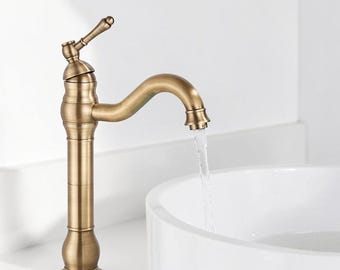 Tall Antique Brass Vessel Sink Faucet – Single Handle Vanity & Bar Tap