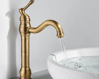 Antique Brass Vessel Sink Faucet, Solid Brass, Hot & Cold Mixer