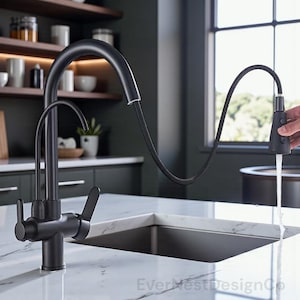 Puede incluir: Un grifo de cocina negro mate con un pulverizador extraíble. El grifo tiene un caño de arco alto y una manija separada para controlar la temperatura del agua. El pulverizador se sostiene y el agua fluye hacia un fregadero de acero inoxidable. El grifo está en una cocina gris oscura.